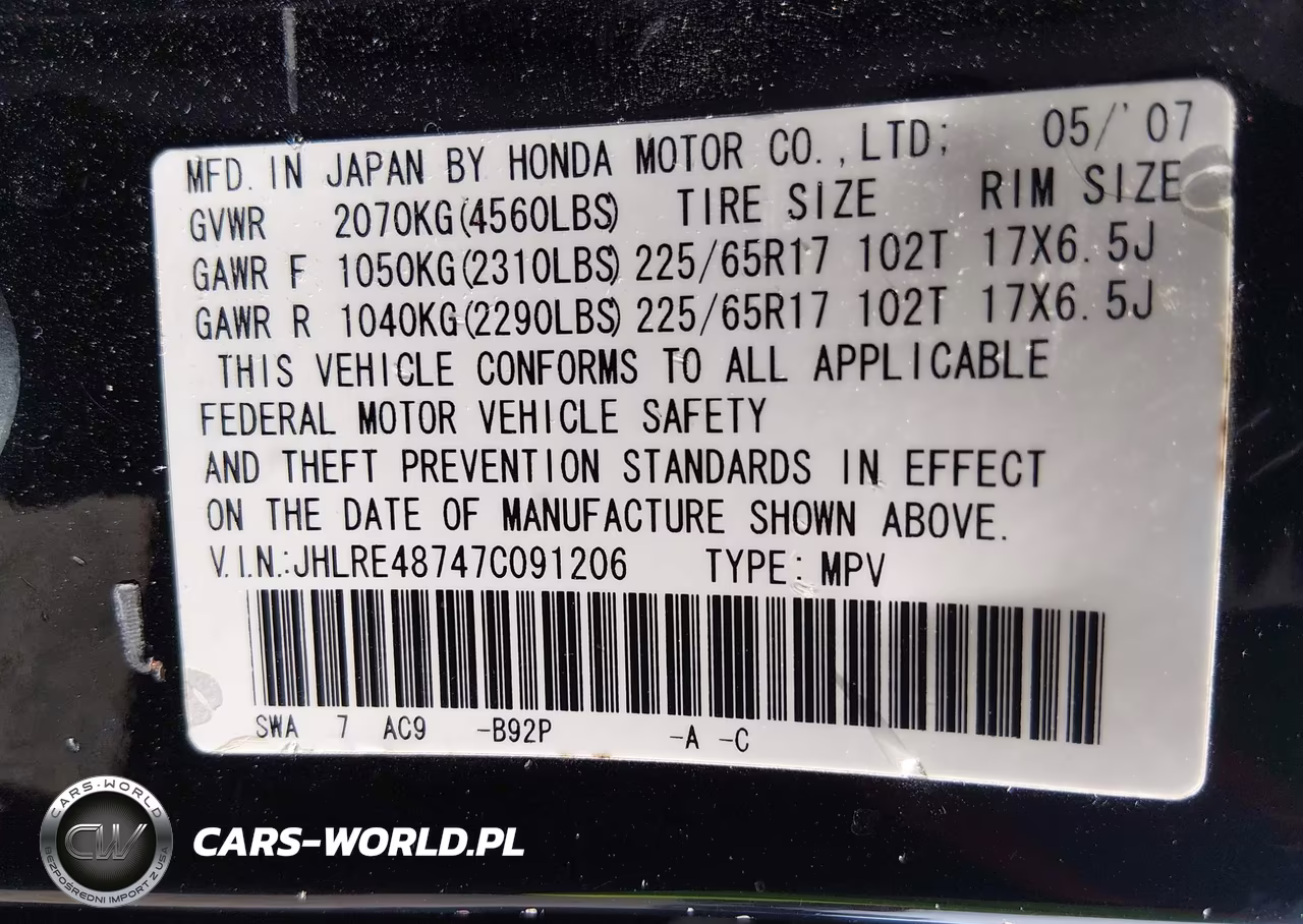 2007 Honda Cr-V Ex-L VIN:JHLRE48747C091206 - 9