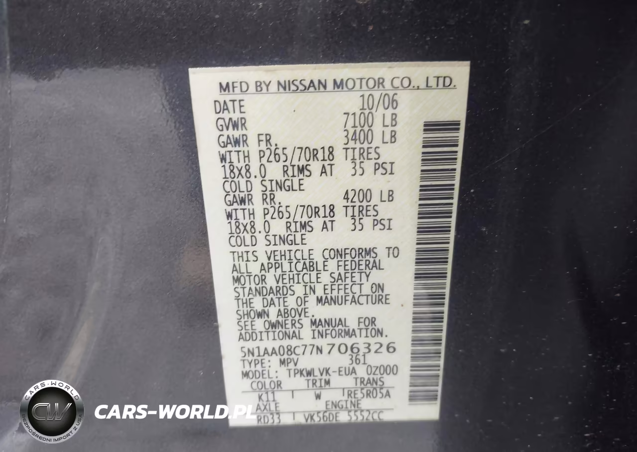 2007 Nissan Armada Le VIN:5N1AA08C77N706326 - 9