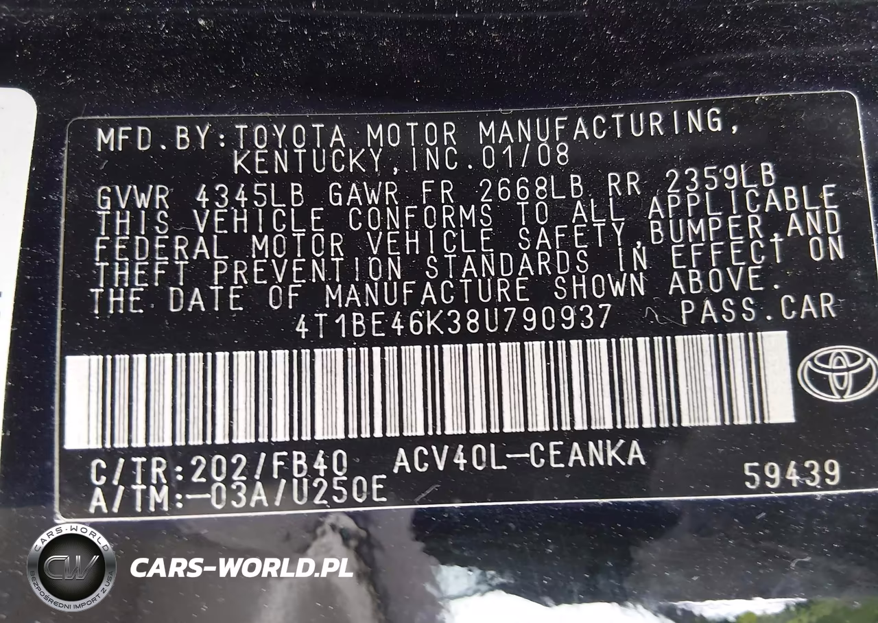 2008 Toyota Camry Le VIN:4T1BE46K38U790937 - 9