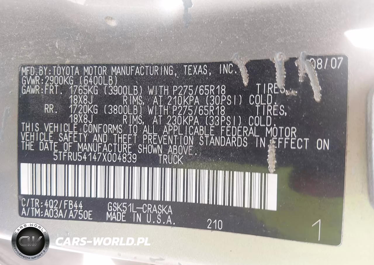 2007 Toyota Tundra Sr5 V6 VIN:5TFRU54147X004839 - 9