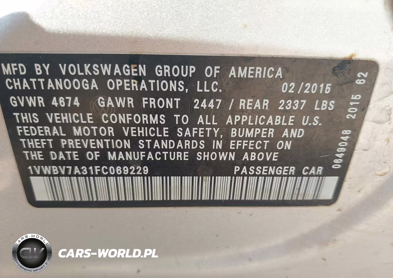 2015 Volkswagen Passat 2.0L Tdi Se VIN:1VWBV7A31FC069229 - 9