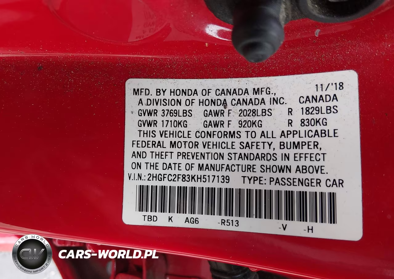 2019 Honda Civic Sport VIN:2HGFC2F83KH517139 - 9