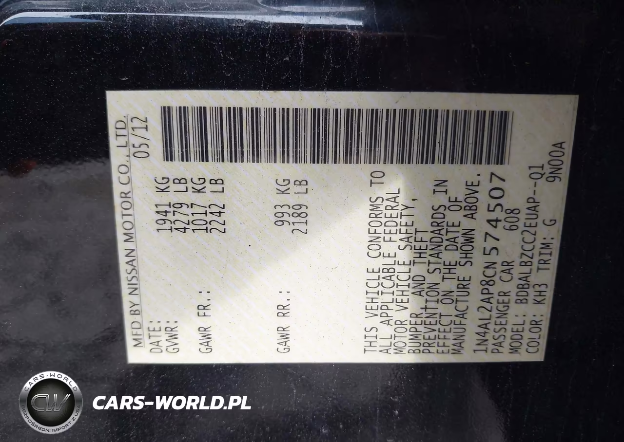 2012 Nissan Altima 2.5 S VIN:1N4AL2AP8CN574507 - 9