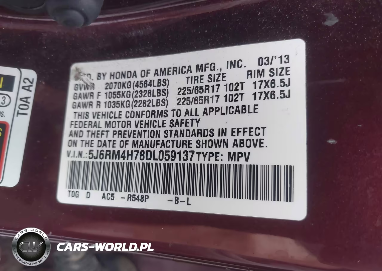 2013 Honda Cr-V Ex-L VIN:5J6RM4H78DL059137 - 9