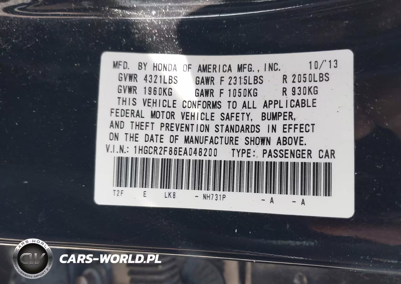 2014 Honda Accord Ex-L VIN:1HGCR2F86EA048200 - 9