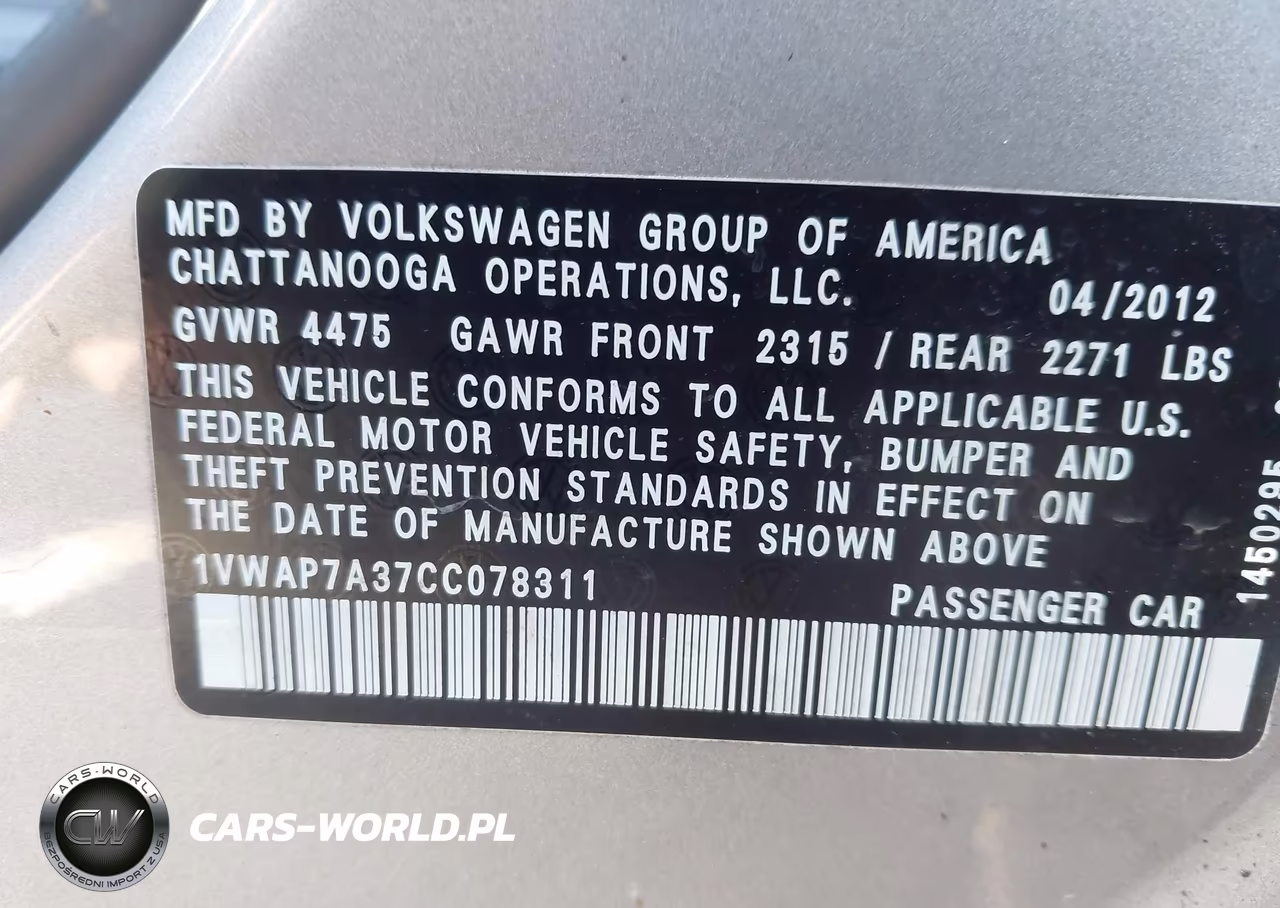 2012 Volkswagen Passat 2.5L S VIN:1VWAP7A37CC078311 - 9