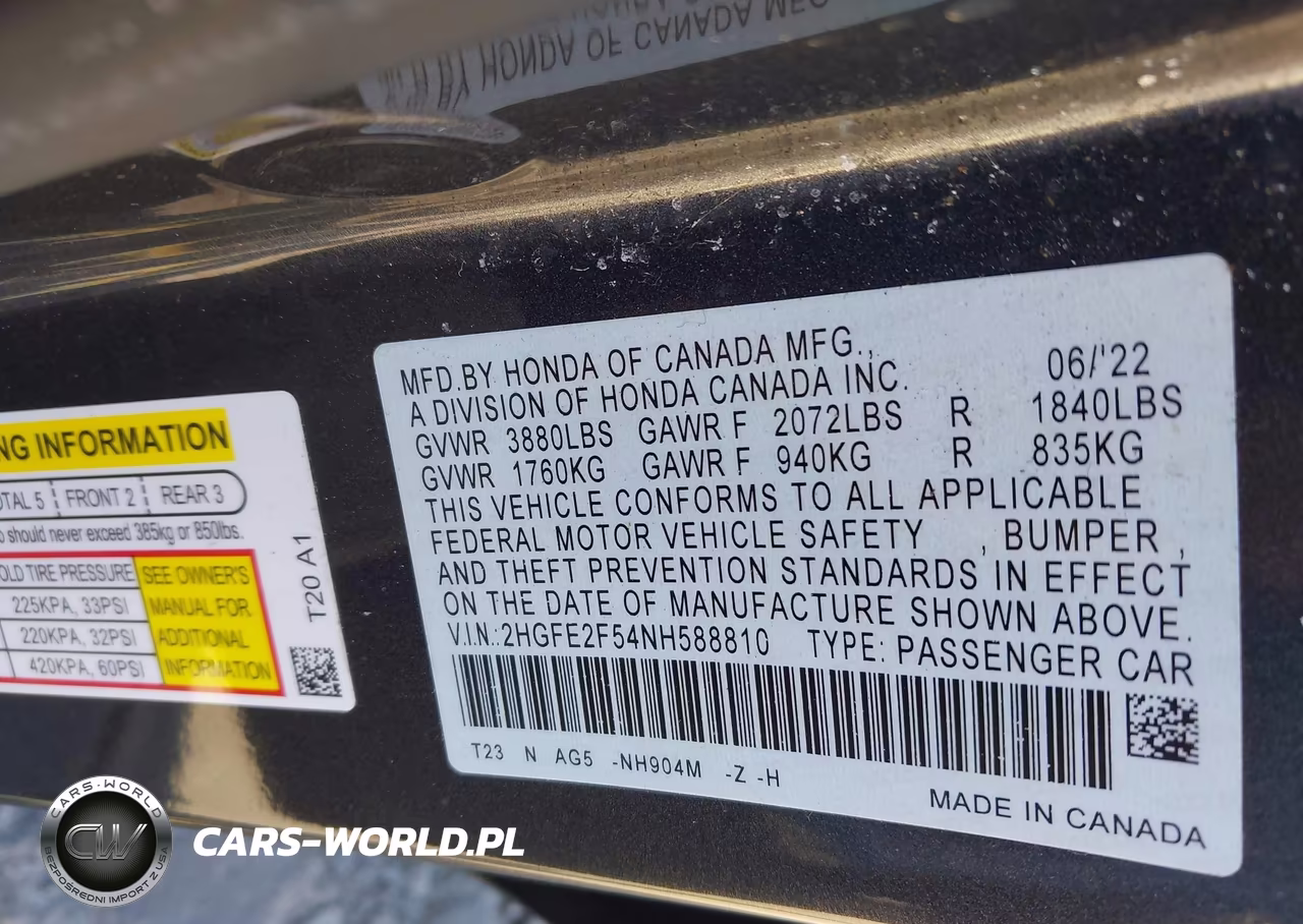 2022 Honda Civic Sport VIN:2HGFE2F54NH588810 - 9