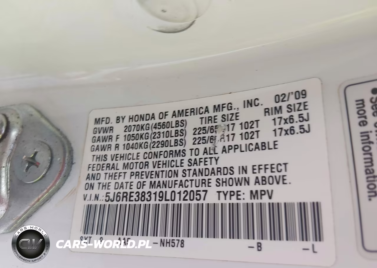 2009 Honda Cr-V Lx VIN:5J6RE38319L012057 - 9