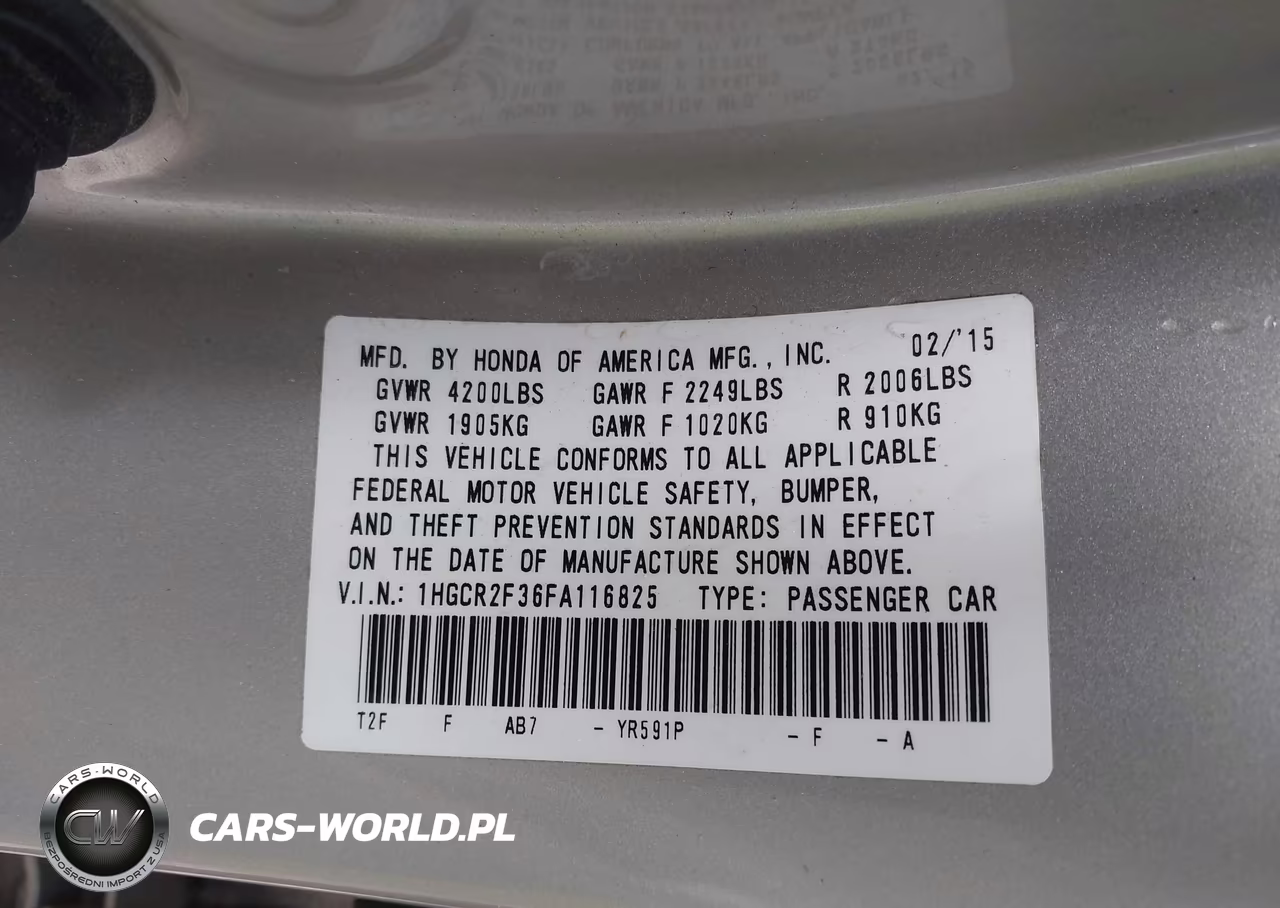 2015 Honda Accord Lx VIN:1HGCR2F36FA116825 - 9