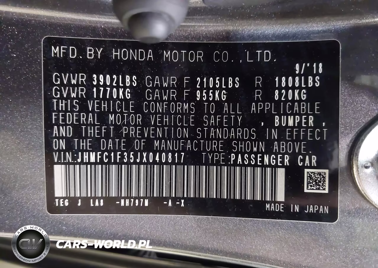 2018 Honda Civic Ex-T VIN:JHMFC1F35JX040817 - 9