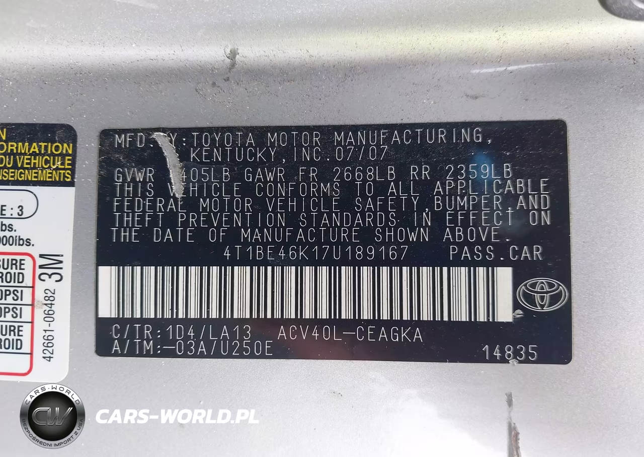 2007 Toyota Camry Xle VIN:4T1BE46K17U189167 - 9