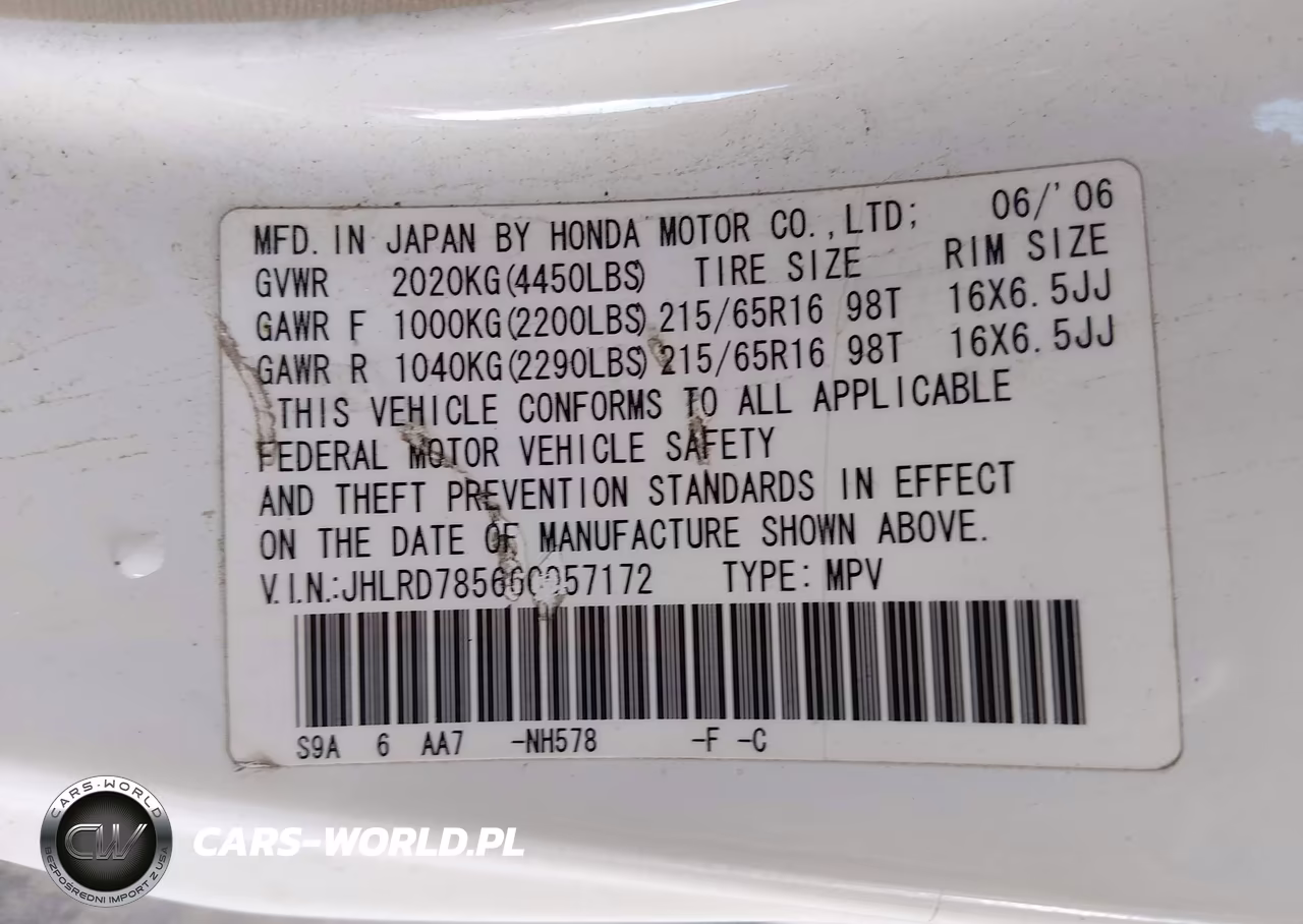2006 Honda Cr-V Lx VIN:JHLRD78566C057172 - 9