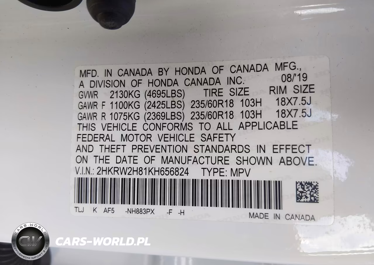 2019 Honda Cr-V Ex-L VIN:2HKRW2H81KH656824 - 9
