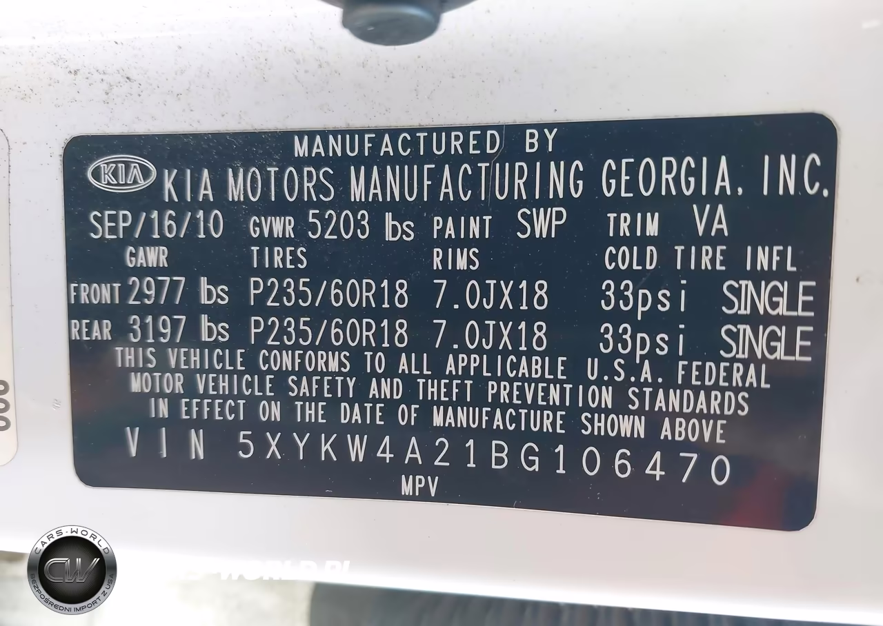 2011 Kia Sorento Sx V6 VIN:5XYKW4A21BG106470 - 9