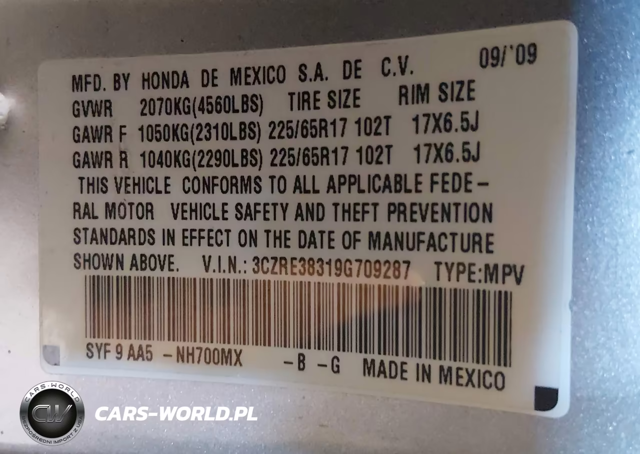 2009 Honda Cr-V Lx VIN:3CZRE38319G709287 - 9