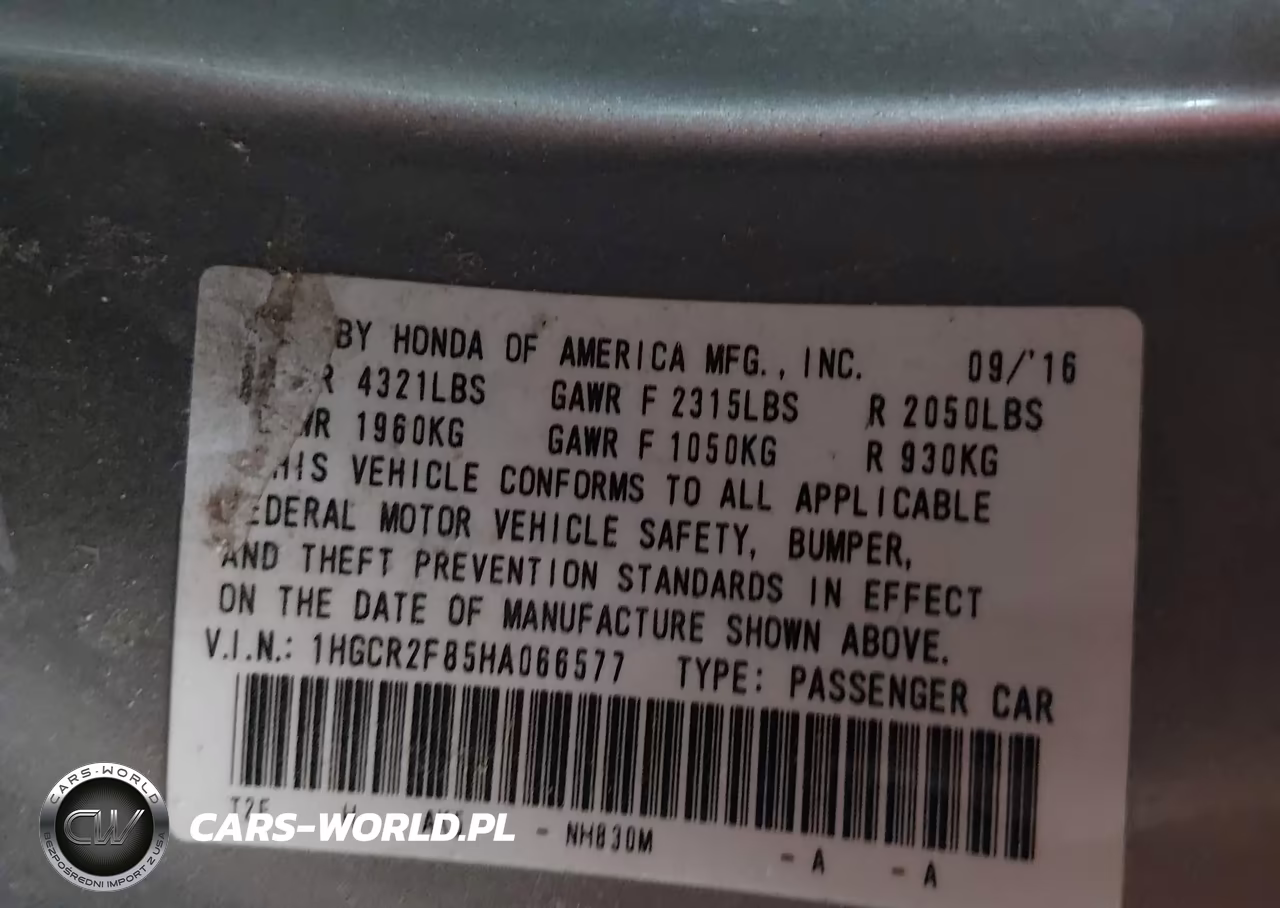 2017 Honda Accord Ex-L VIN:1HGCR2F85HA066577 - 9
