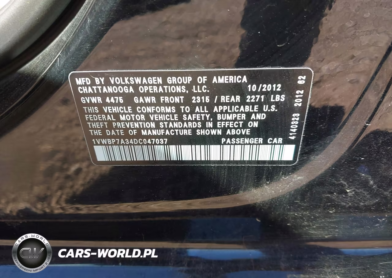 2013 Volkswagen Passat Se W-Sunroof VIN:1VWBP7A34DC047037 - 9