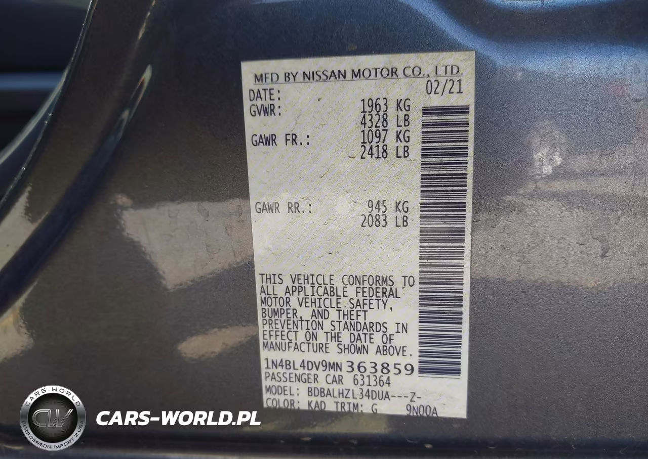 2021 Nissan Altima Sv Fwd VIN:1N4BL4DV9MN363859 - 9