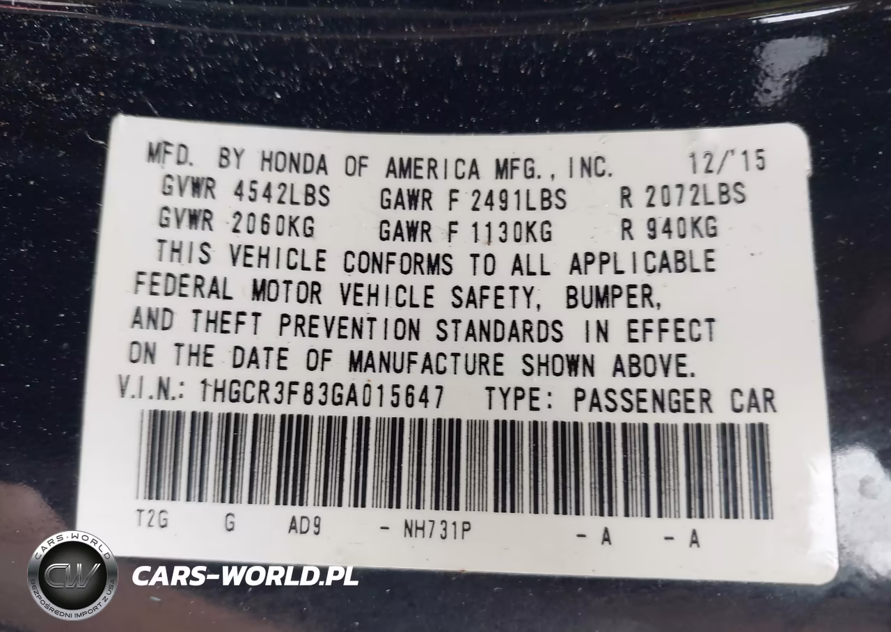 2016 Honda Accord Ex-L V-6 VIN:1HGCR3F83GA015647 - 9