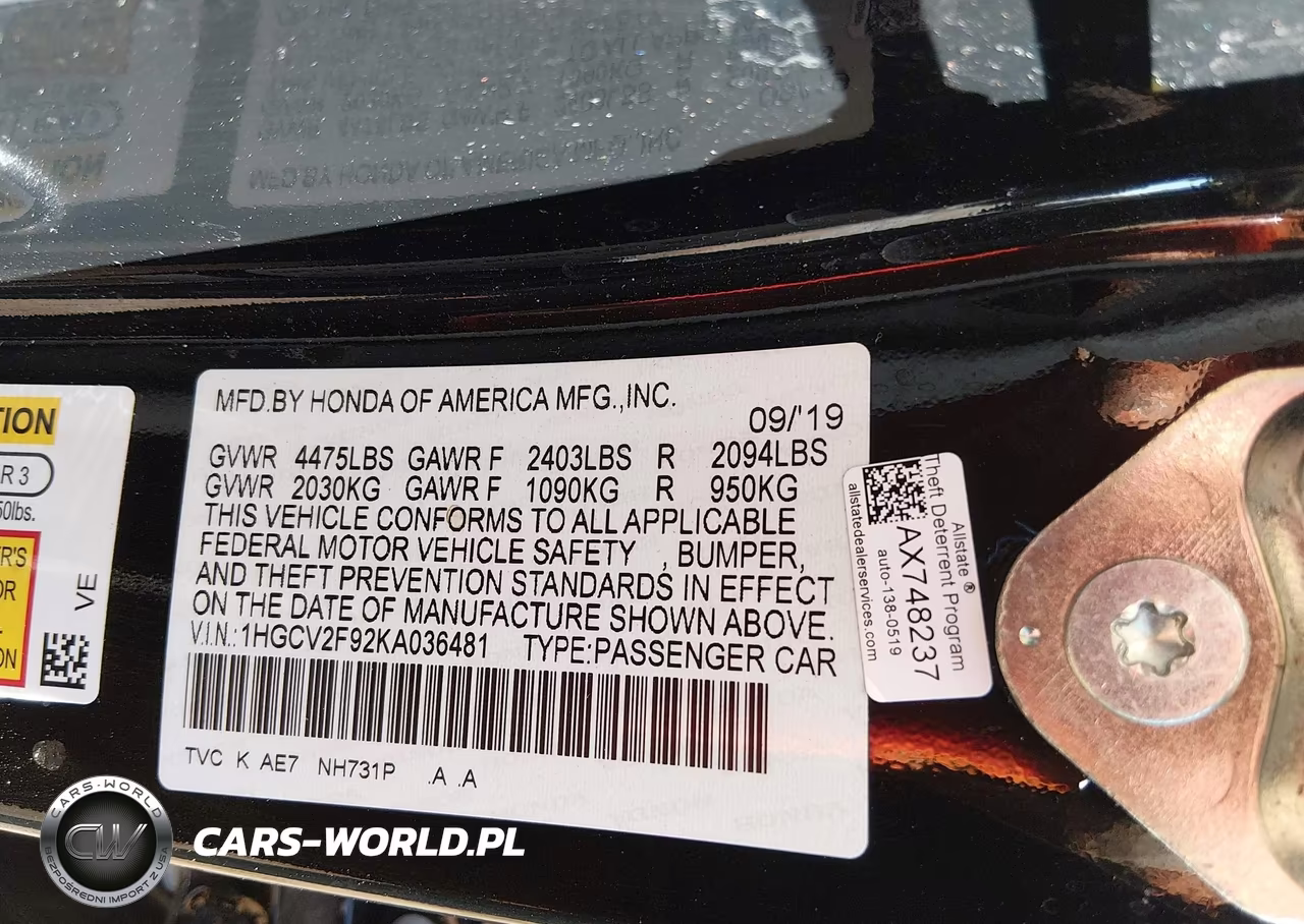 2019 Honda Accord Touring 2.0T VIN:1HGCV2F92KA036481 - 9