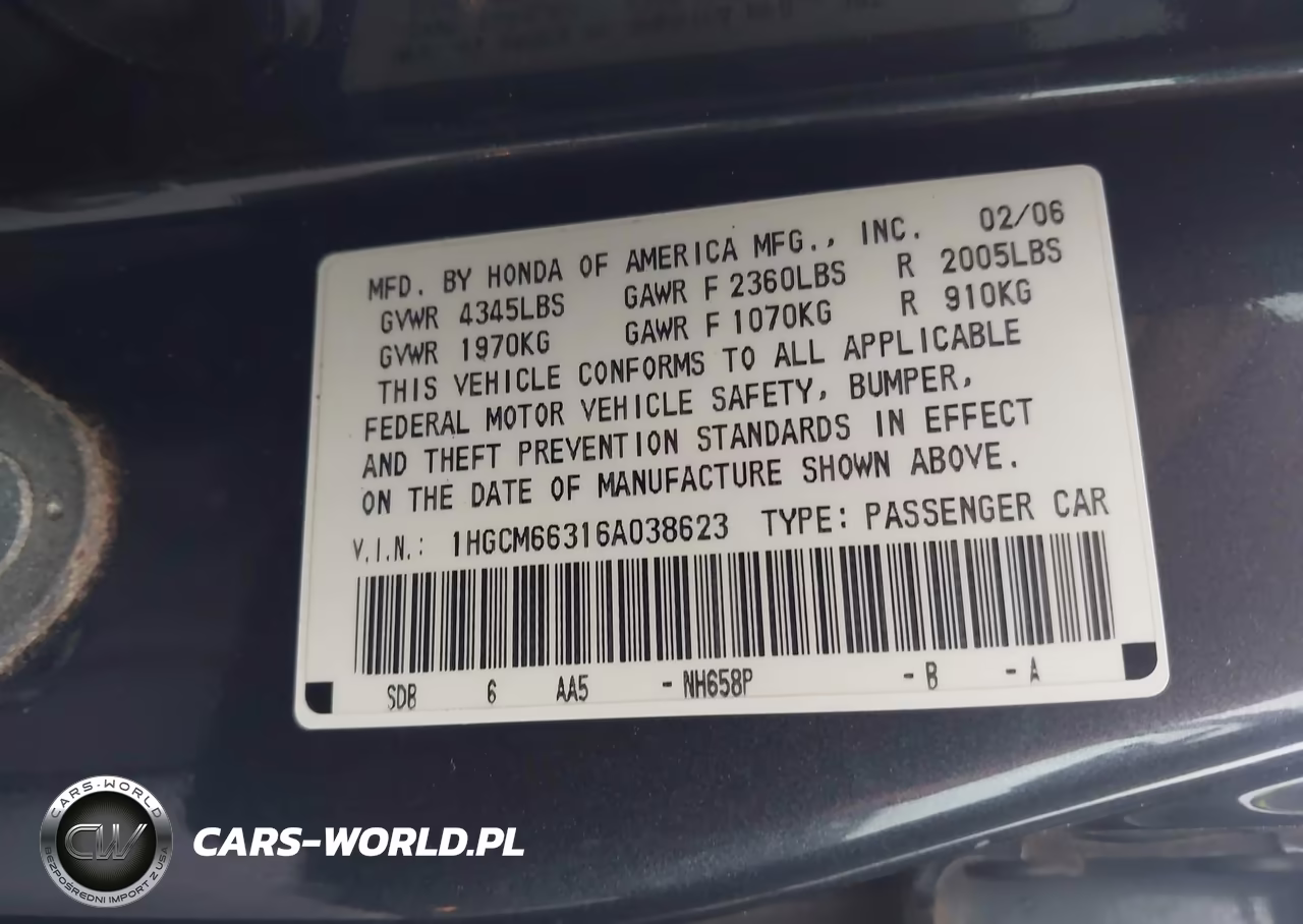 2006 Honda Accord 3.0 Lx VIN:1HGCM66316A038623 - 9