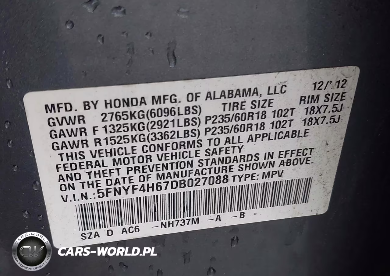 2013 Honda Pilot Ex-L VIN:5FNYF4H67DB027088 - 9