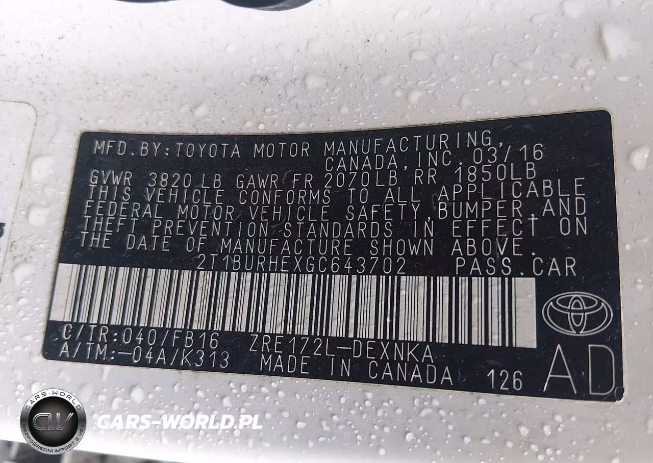 2016 Toyota Corolla Le VIN:2T1BURHEXGC643702 - 9