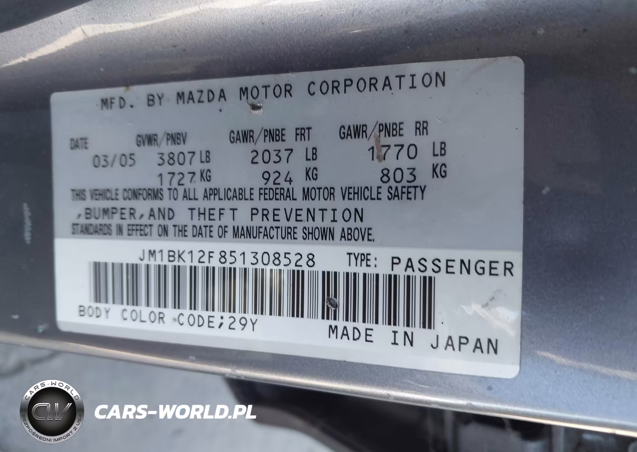 2005 Mazda Mazda3 I VIN:JM1BK12F851308528 - 9