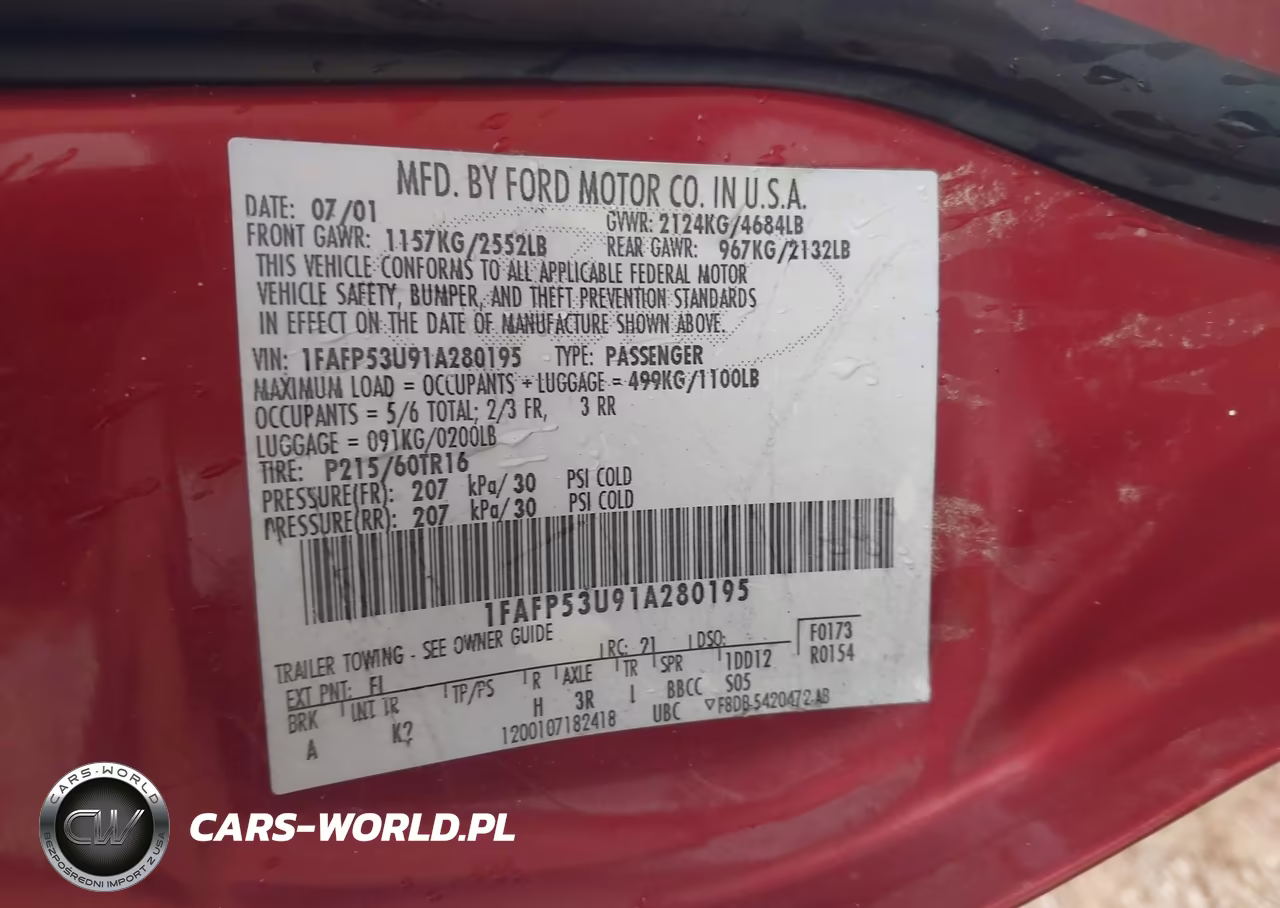 2001 Ford Taurus Se VIN:1FAFP53U91A280195 - 9