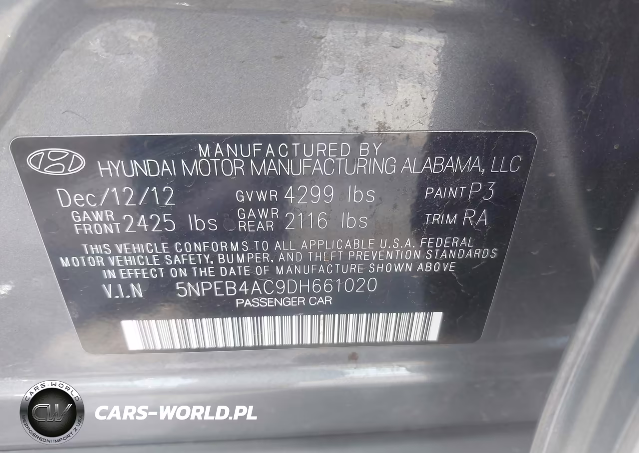 2013 Hyundai Sonata Gls VIN:5NPEB4AC9DH661020 - 9