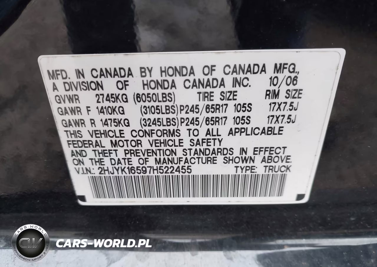 2007 Honda Ridgeline Rtl VIN:2HJYK16597H522455 - 9