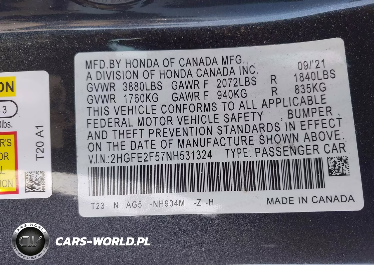 2022 Honda Civic Sport VIN:2HGFE2F57NH531324 - 9