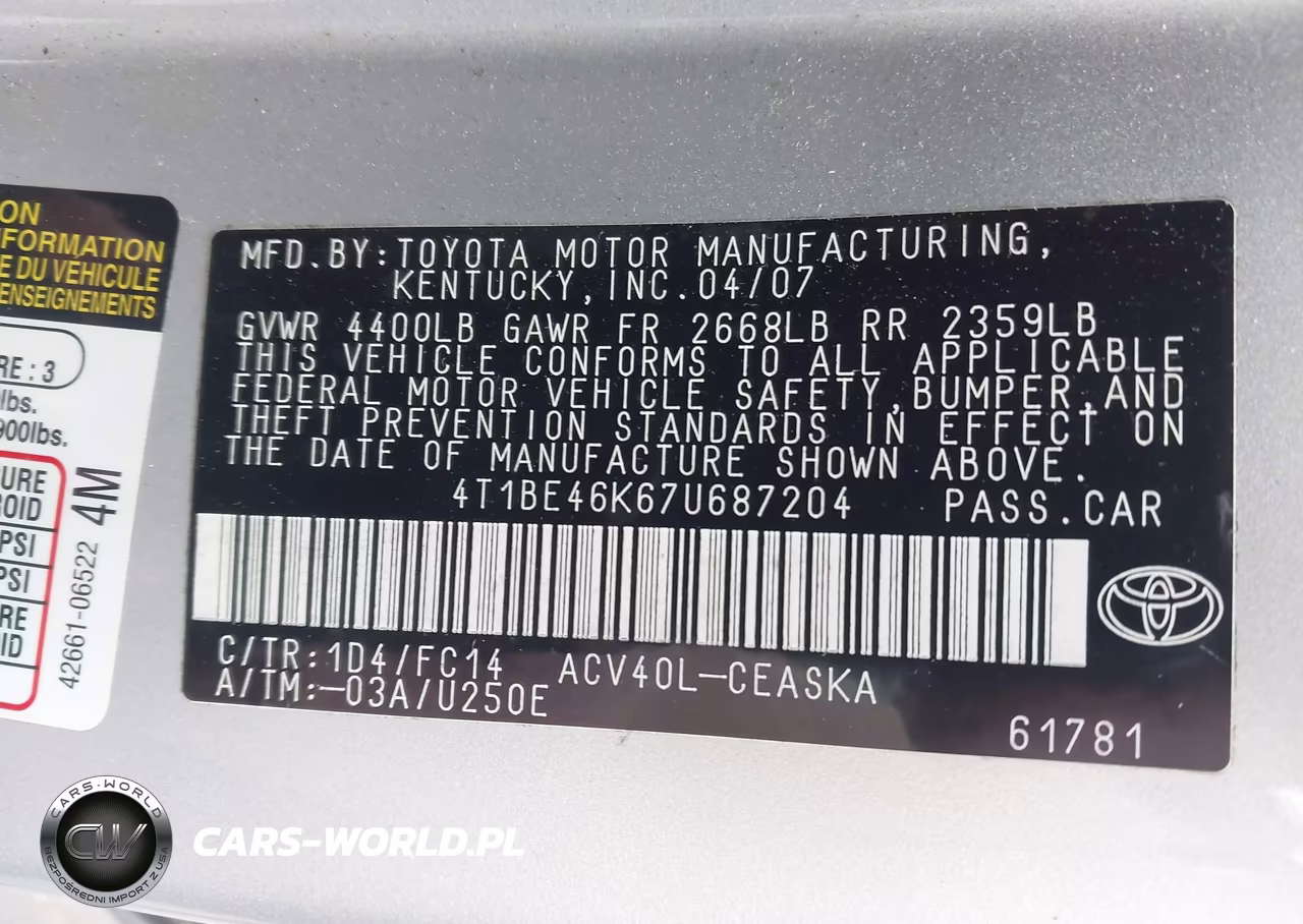 2007 Toyota Camry Se VIN:4T1BE46K67U687204 - 9