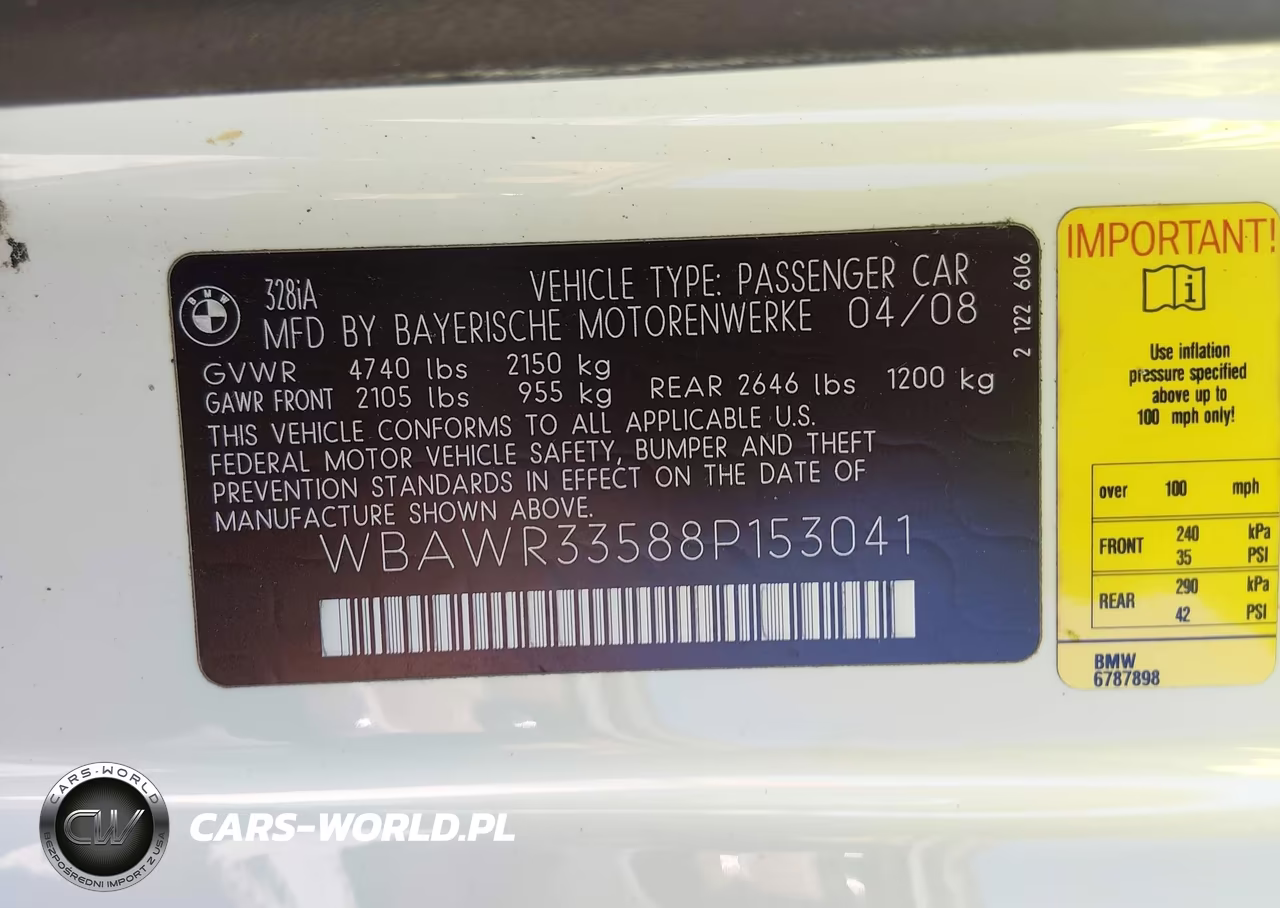 2008 BMW 328I VIN:WBAWR33588P153041 - 9