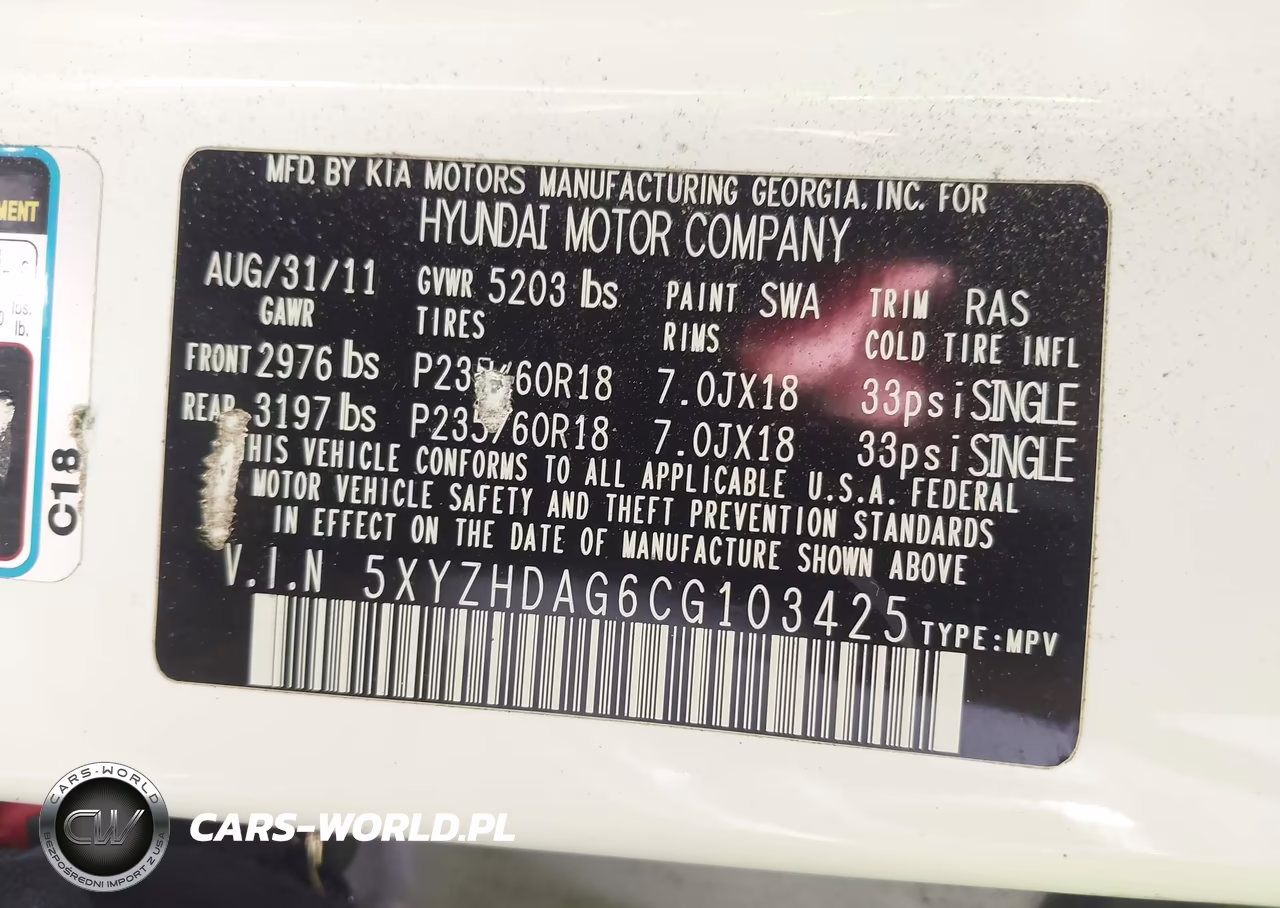 2012 Hyundai Santa Fe Se VIN:5XYZHDAG6CG103425 - 9