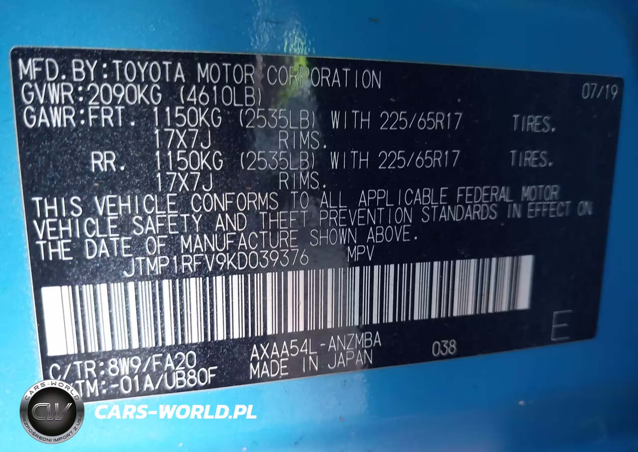2019 Toyota Rav4 Xle VIN:JTMP1RFV9KD039376 - 9