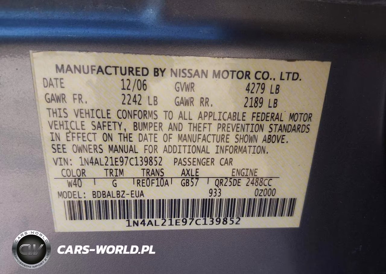 2007 Nissan Altima 2.5-2.5S VIN:1N4AL21E97C139852 - 9
