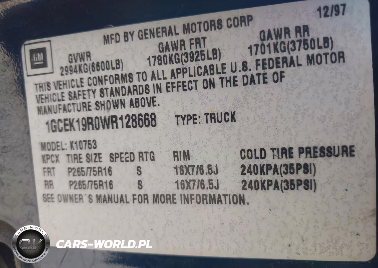 1998 Chevrolet K1500 Fleetside VIN:1GCEK19R0WR128668 - 9