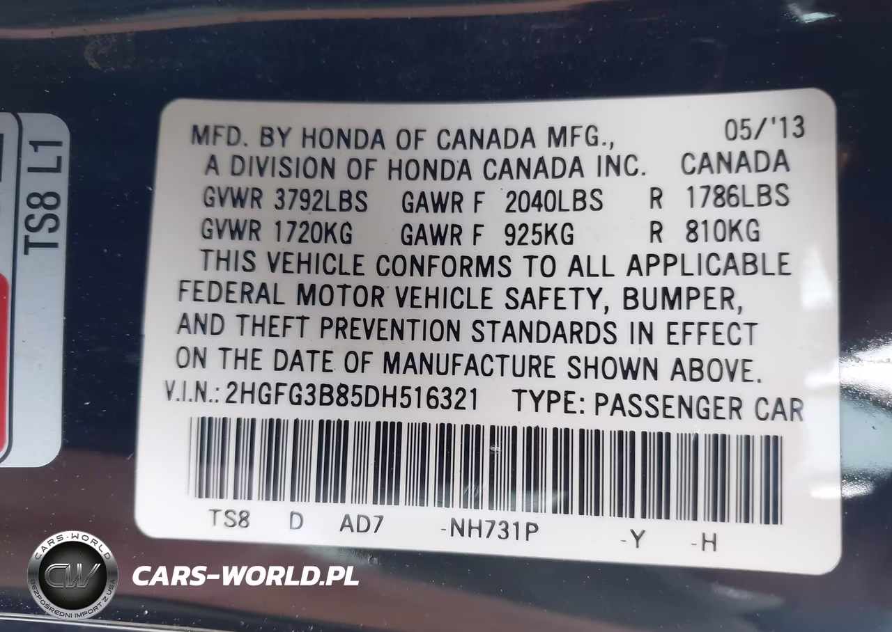 2013 Honda Civic Cpe Ex VIN:2HGFG3B85DH516321 - 9