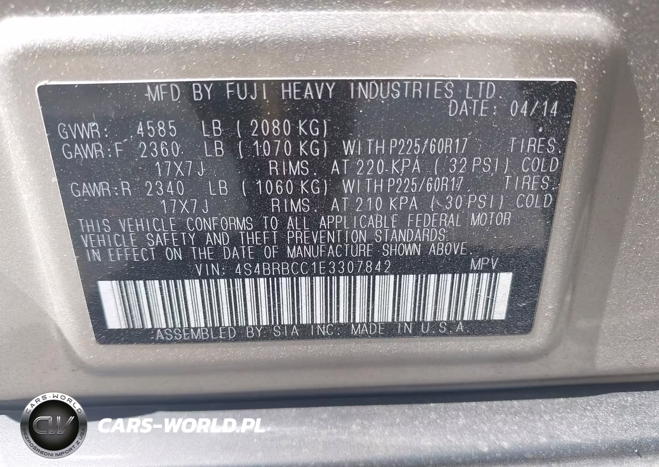 2014 Subaru Outback 2.5I Premium VIN:4S4BRBCC1E3307842 - 9
