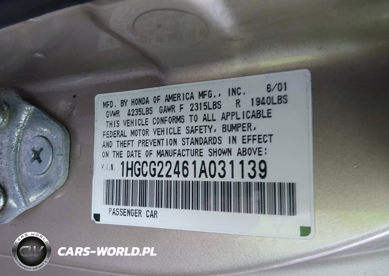 2001 Honda Accord Cpe Lx VIN:1HGCG22461A031139 - 9