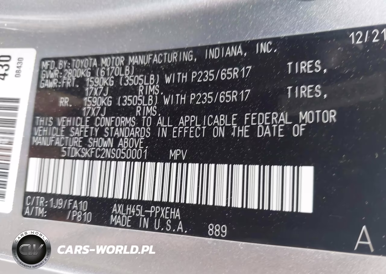 2022 Toyota Sienna Le VIN:5TDKSKFC2NS050001 - 9