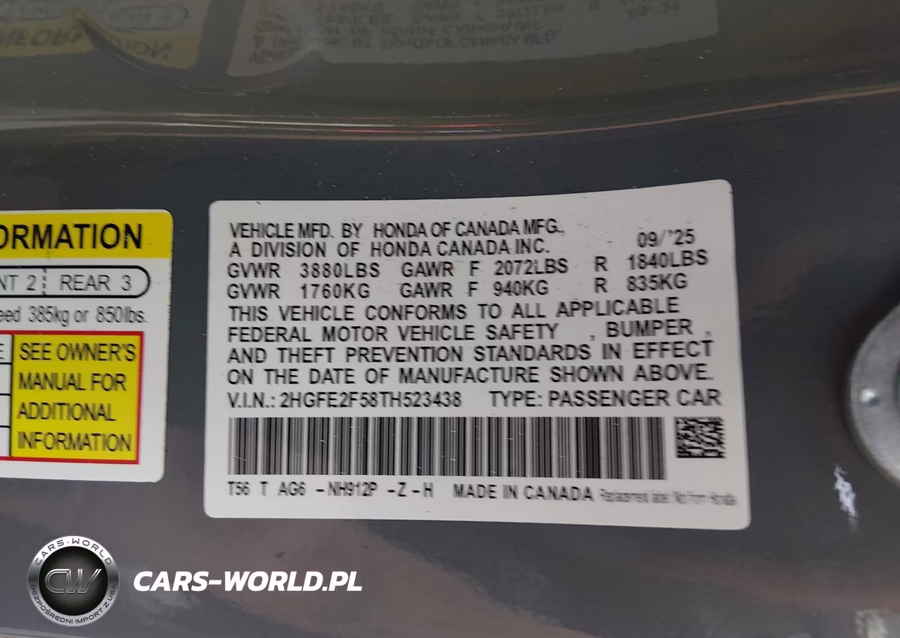 2026 Honda Civic Sport VIN:2HGFE2F58TH523438 - 9