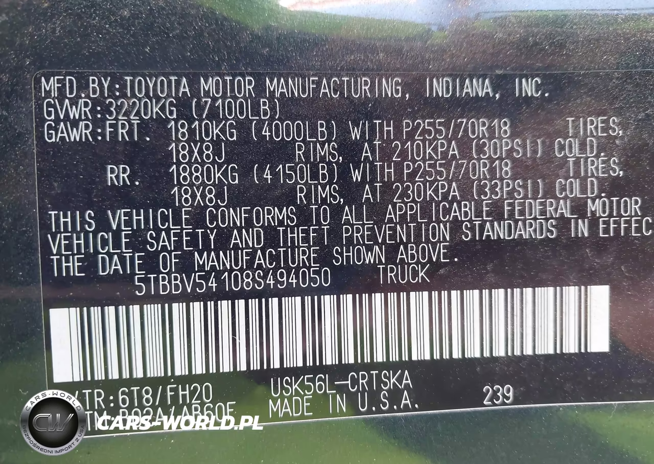 2008 Toyota Tundra 4Wd Truck Base 5.7L V8 (A6) VIN:5TBBV54108S494050 - 9