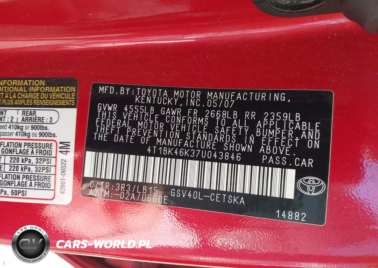 2007 Toyota Camry Se V6 VIN:4T1BK46K37U043846 - 9