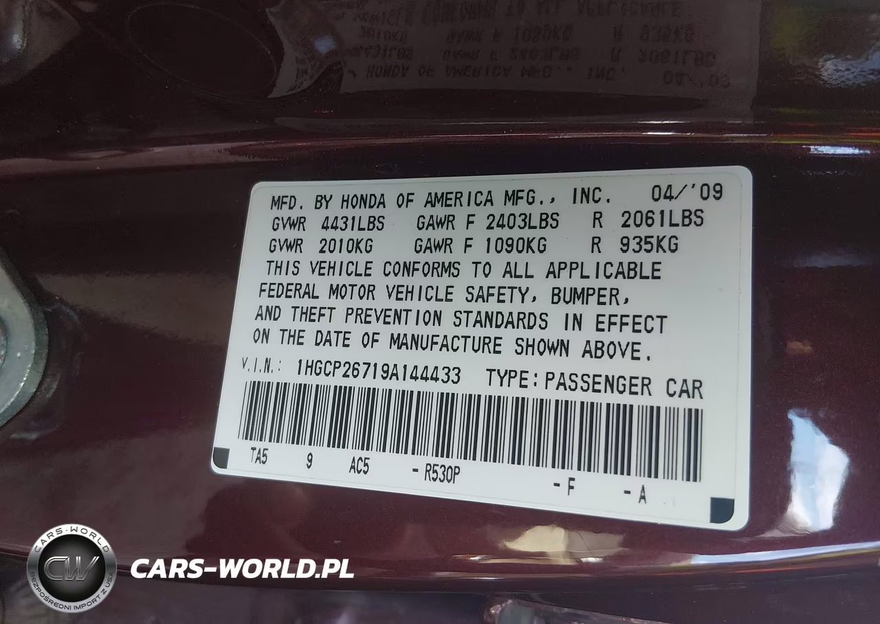 2009 Honda Accord Sdn Ex VIN:1HGCP26719A144433 - 9