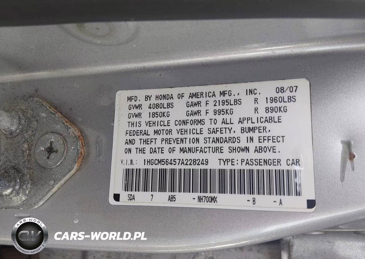2007 Honda Accord 2.4 Lx VIN:1HGCM56457A228249 - 9