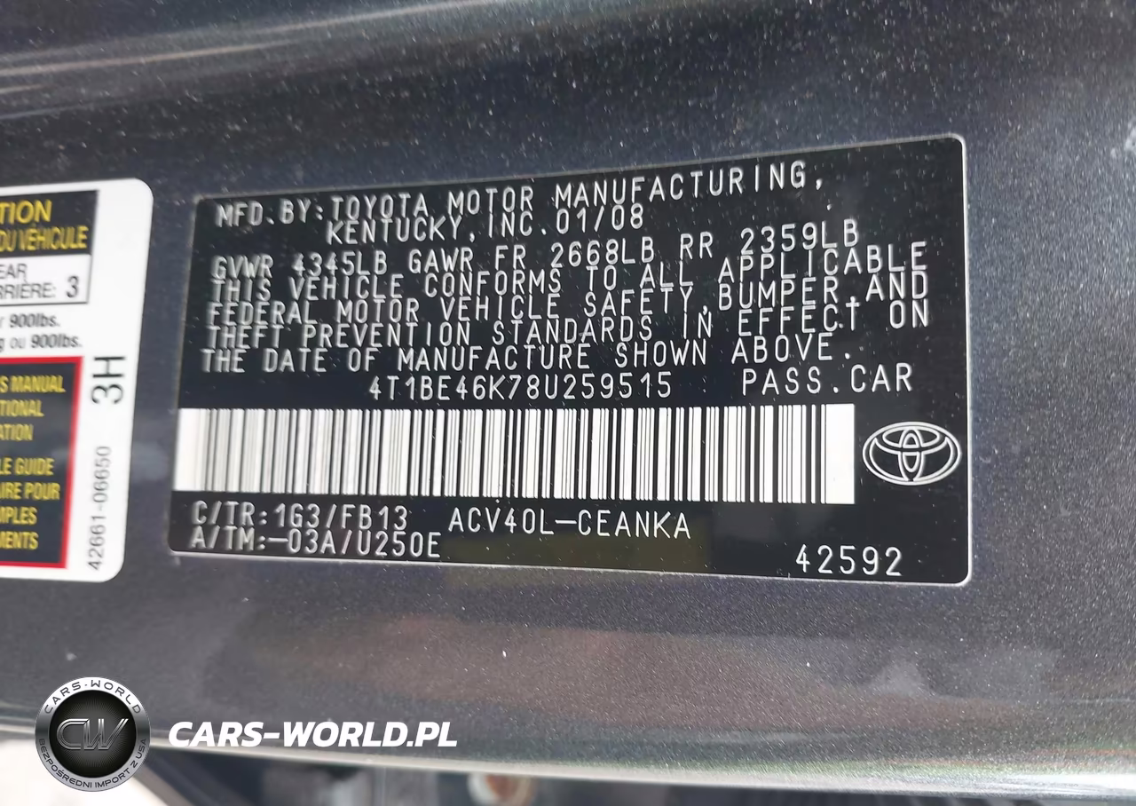 2008 Toyota Camry Le VIN:4T1BE46K78U259515 - 9