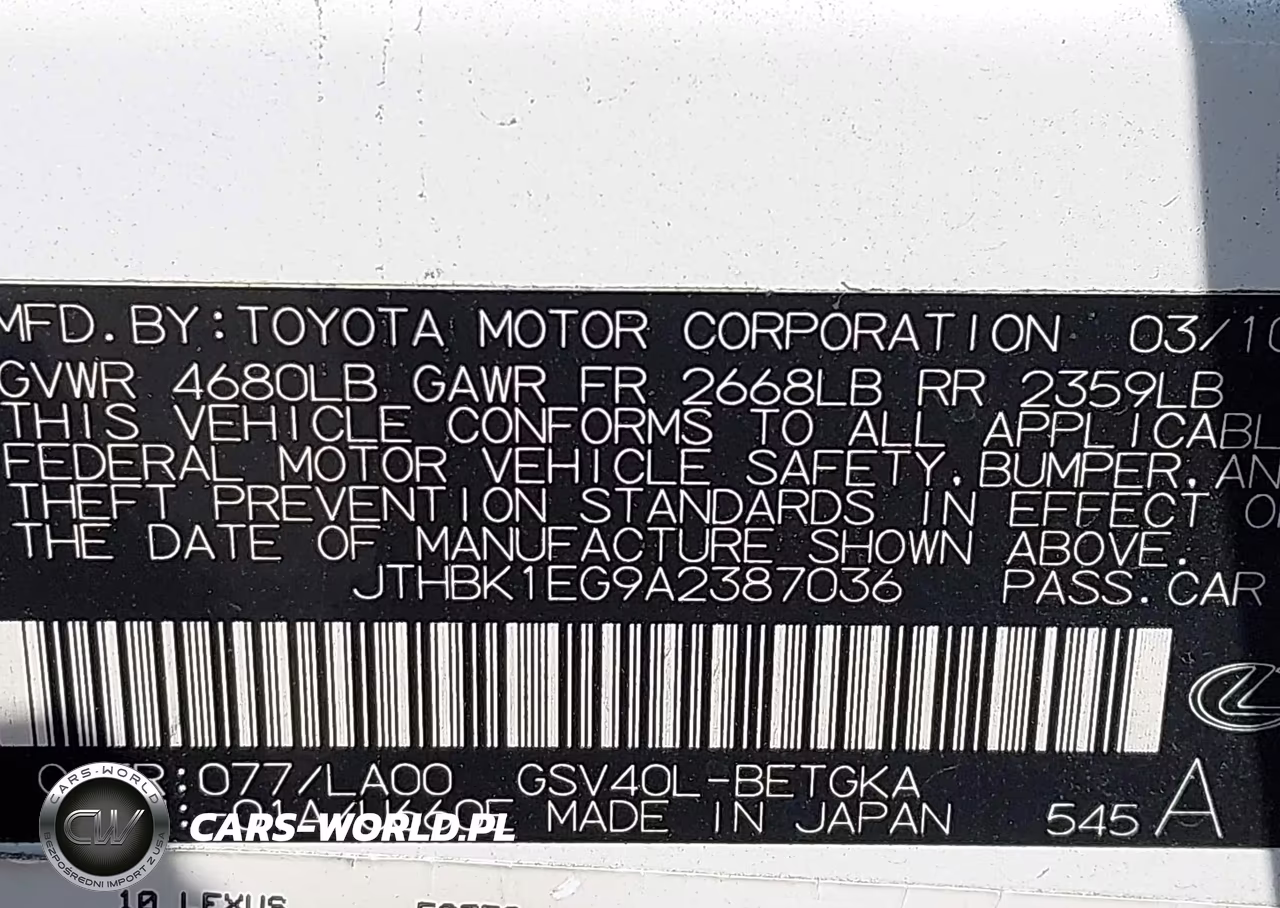 2010 Lexus Es 350 VIN:JTHBK1EG9A2387036 - 9