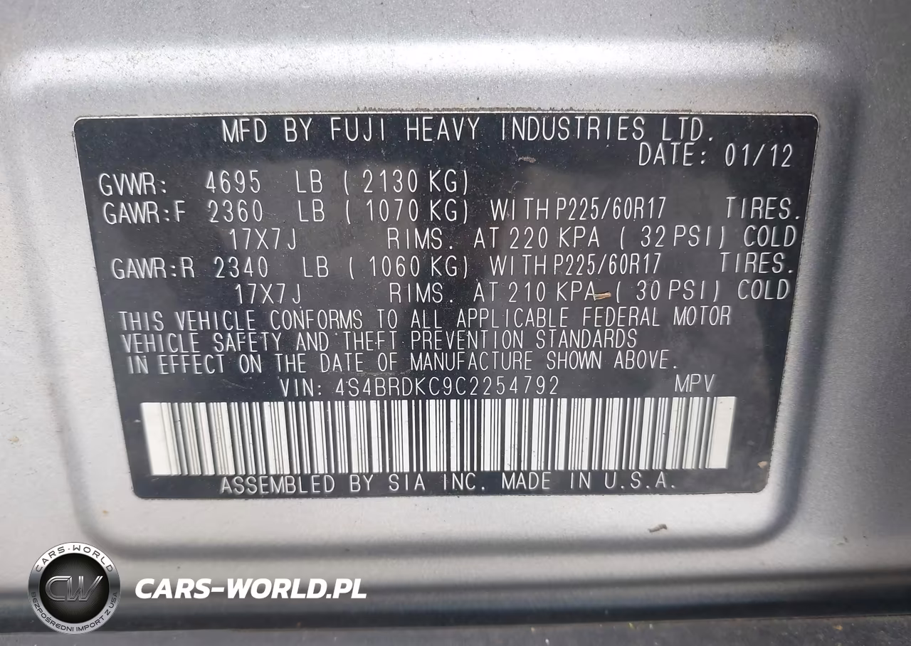 2012 Subaru Outback 3.6R Limited VIN:4S4BRDKC9C2254792 - 9